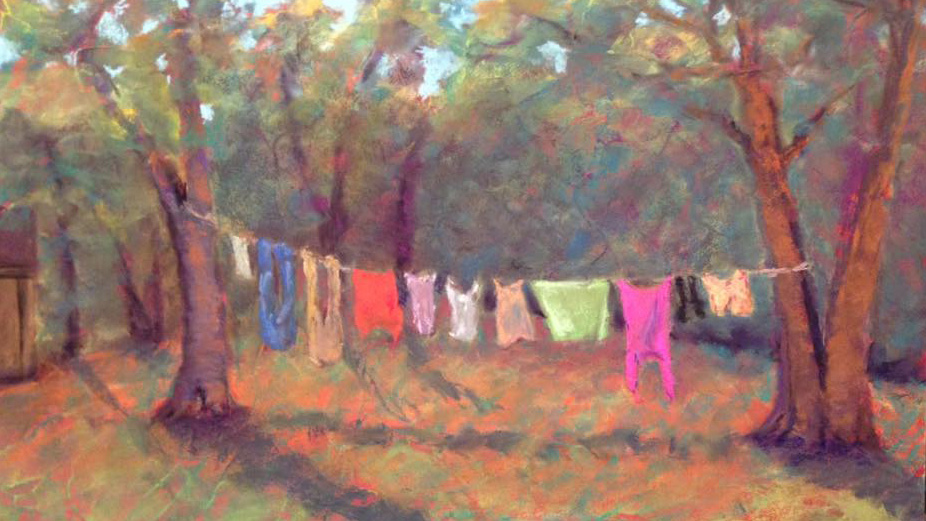 Washing line with trees and dappled sunlight in pastel