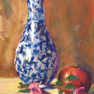 Pastel painting on board of vase with flower and fruit