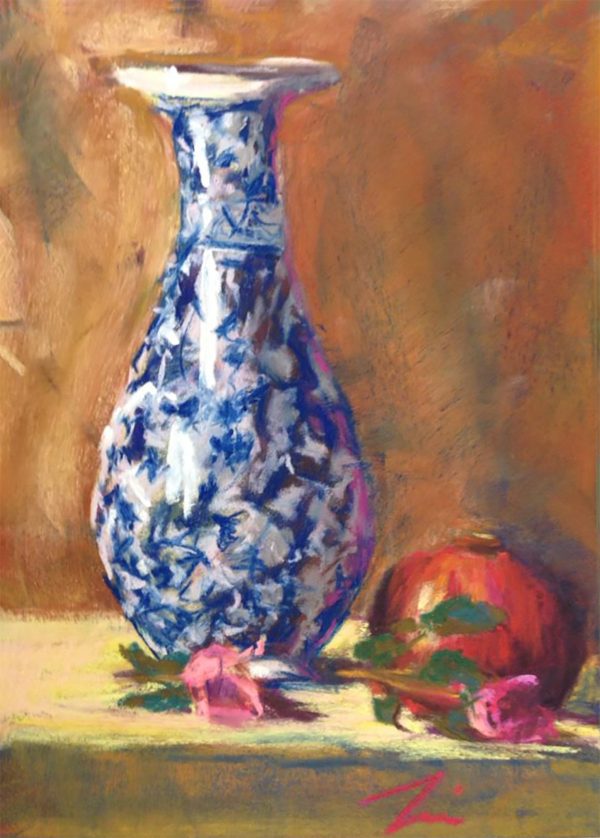 Pastel painting on board of vase with flower and fruit