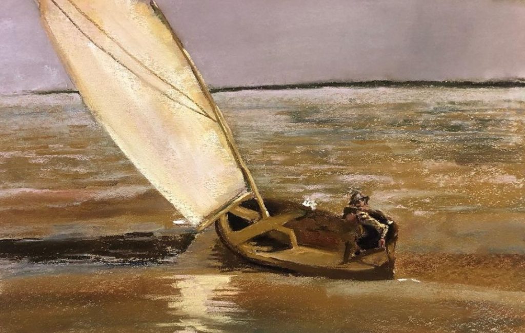 Class pastel recreation of Sailing by Thomas Eakins