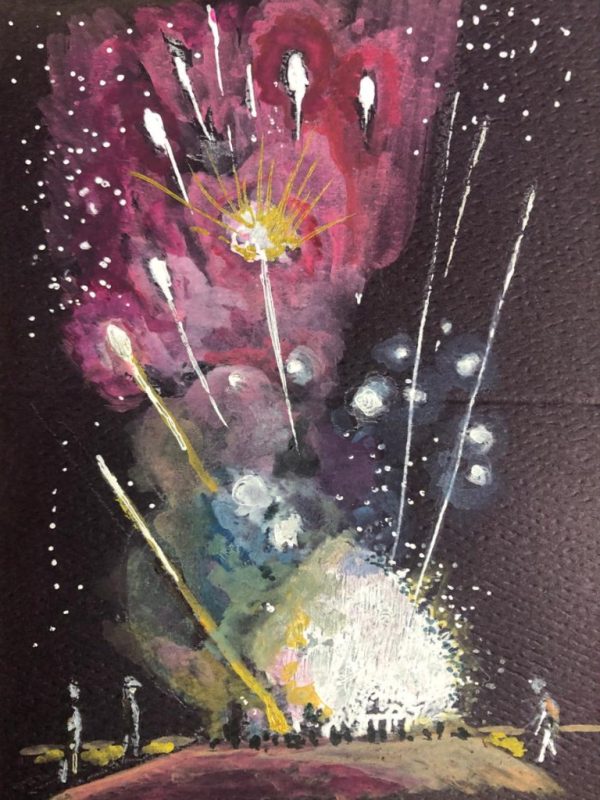 Miniature painting of bonfire night fireworks