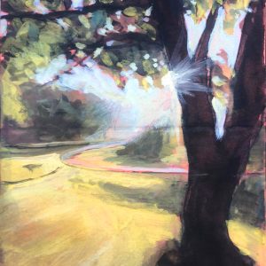 Mini gouache painting of garden tree with street view