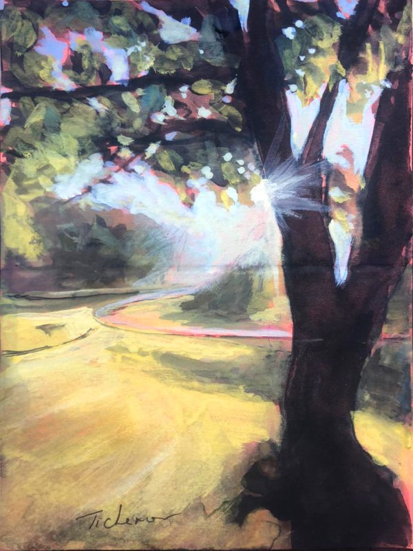 Mini gouache painting of garden tree with street view