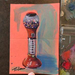 Mini painting of a gumball machine in gouache