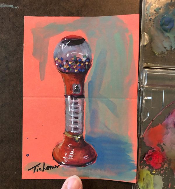 Mini painting of a gumball machine in gouache