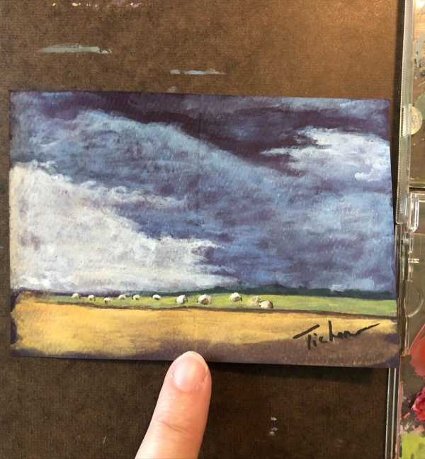 Calming mini landscape painting in gouache.